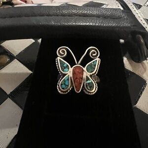 Butterfly Inlay Ring with Turquoise and Coral Accents - ANTIQUE